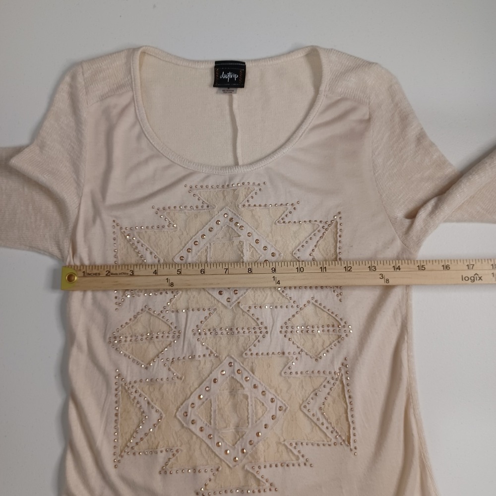Women's Daytrip Beige Lightweight Sheer Studded Lace Long Sleeve Blouse Size Med - Picture 4 of 9